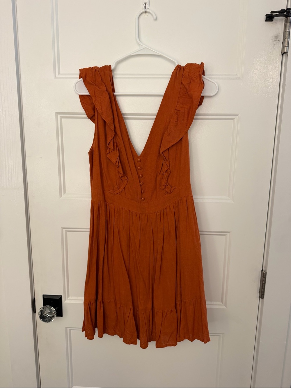 Vici Rust Orange Cotton Ruffle V-Neck Mini Dress
